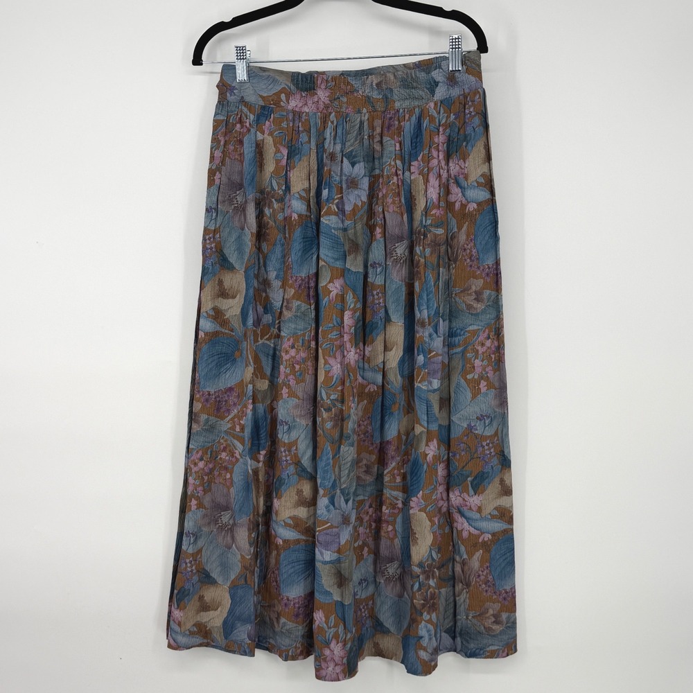 AKF Vintage 90s Floral Maxi Skirt Blue Brown Boho Cottagecore Size M - Picture 2 of 6
